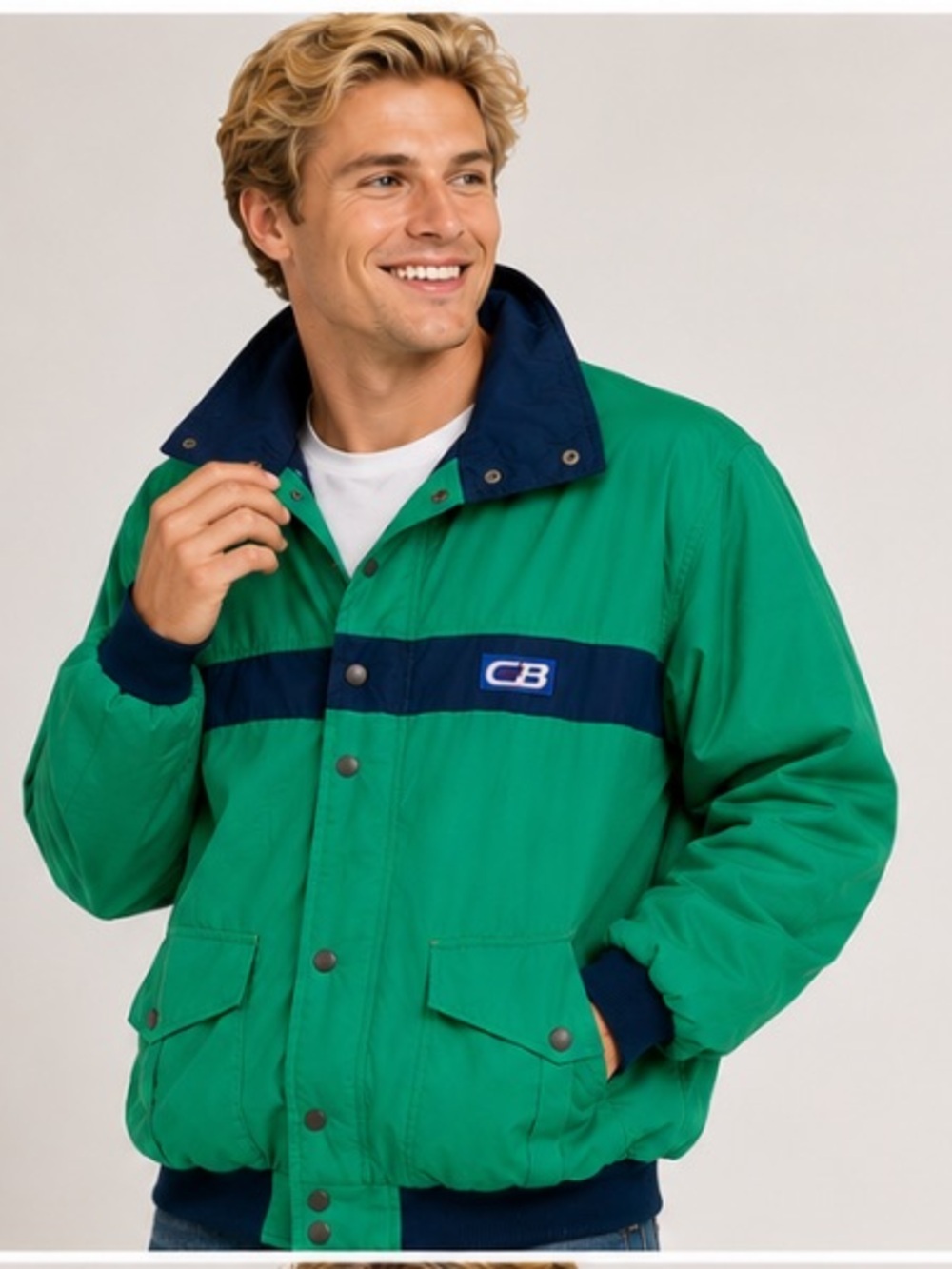 CB Sports men’s windbreaker jacket in a vibrant green & navy colorblock New
